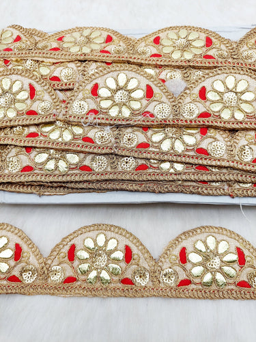 9 Yards Silk Fabric Scalloped Lace Trim, Indian Gold Foil Work Embroidery Gota Patti Sari Border Decorative Trim Craft Lace